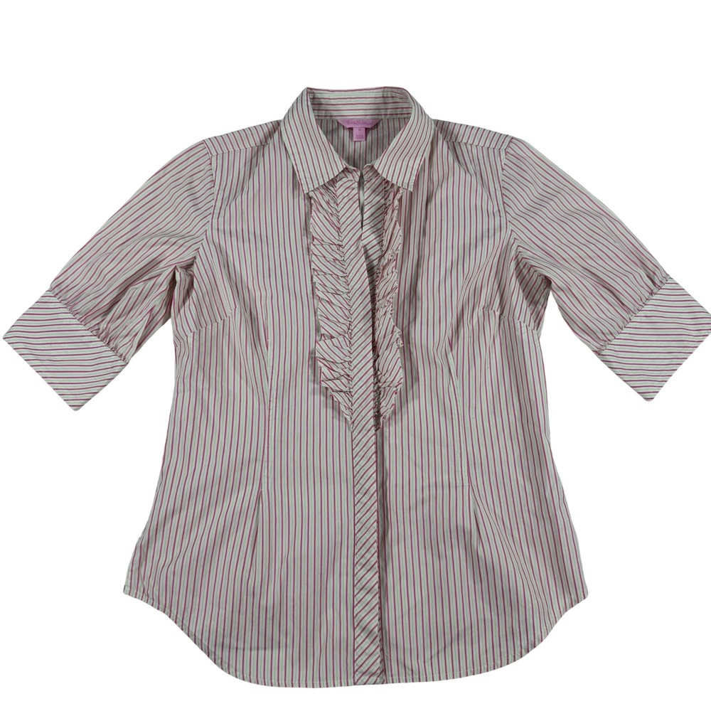 Lilly Pulitzer Pink Green Striped Ruffle Front Cotton Blouse Women's 10 Preppy